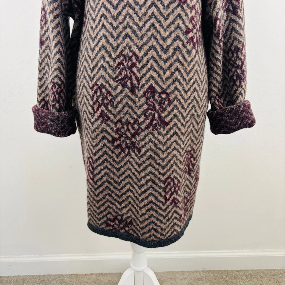 A Ida Italy Made Floral Wool Luxury Long Chevron Cardigan Burgundy Buckle Neck